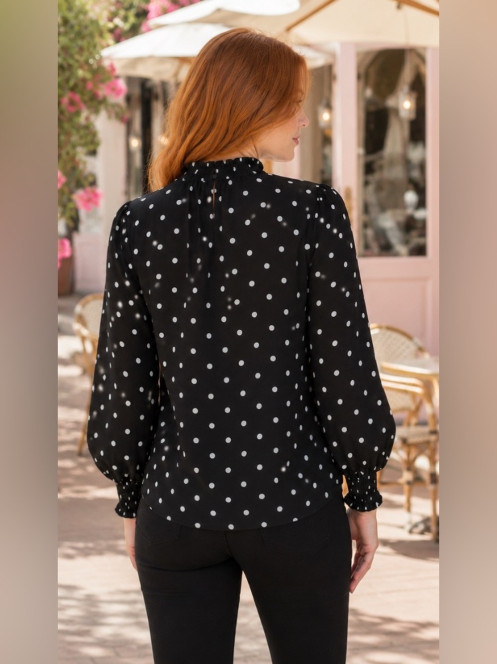 Nine West Black Polka Dot Mock-Neck Blouse with Smocked Cuffs - Picture 2 of 7